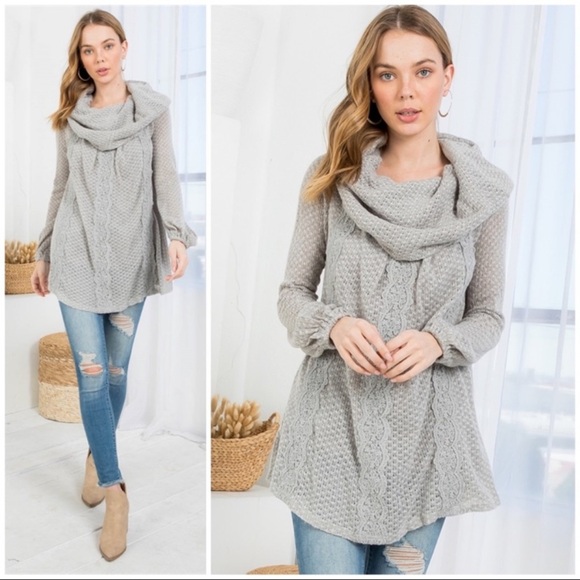 🍁LAST1️⃣🍁New Ryu Gray Cowl Neck Flowing Fall Sweater With Floral Design - Picture 2 of 7